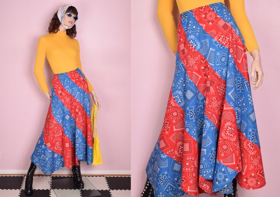 70s Patchwork Print Maxi Skirt/ Small/ 1970s