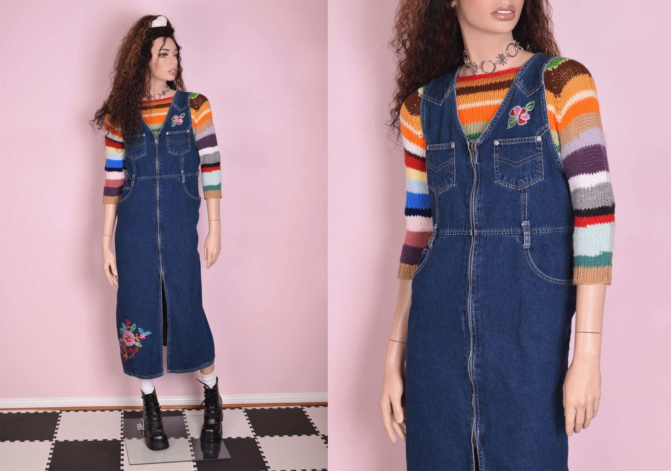 90s Floral Embroidered Denim Jumper 