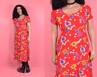 Vintage 90s Floral Print Maxi Dress/ US 11/ 1990s/ Short Sleeve