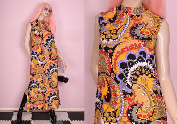 60s 70s Scarf Print Maxi Dress/ Large/ 1960s/ 1970