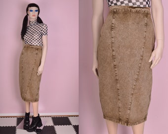 90s Brown Acid Wash Denim Skirt/ 30 Waist/ 1990s