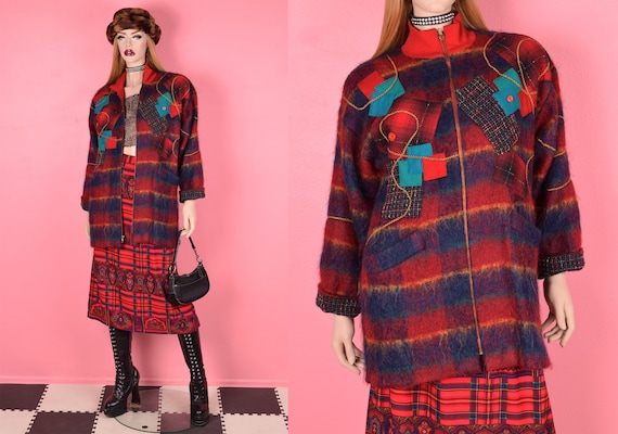 80s Plaid Patchwork Mohair Coat/ XS/ 1980s - image 1