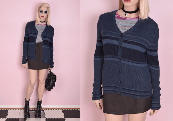 90s Striped Ribbed Knit Cardigan/ Medium/ 1990s
