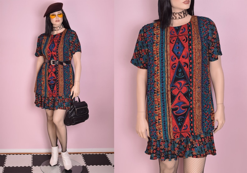 90s Tribal Print Dress US 12 1990s