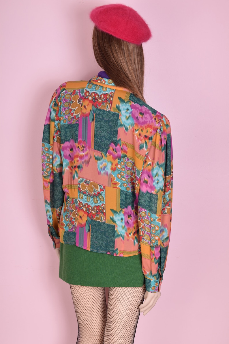 90s Multi Pattern Blouse Large 1990s Long Sleeve Button Down