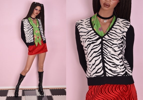 90s Zebra Print Faux Fur Ribbed Knit Sweater/ Medi