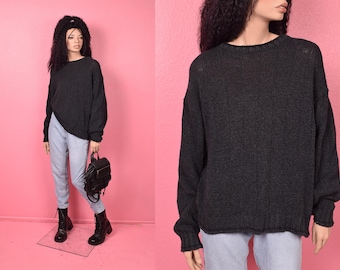 Vintage 00s Charcoal Boxy Fit Strick Pullover/ Gender-Neutral XL/ 2000er Jahre