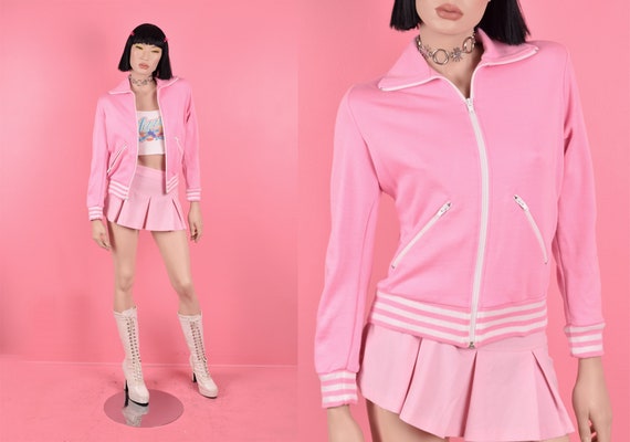 70s 80s Light Pink and White Knit Track Jacket/ S… - image 1