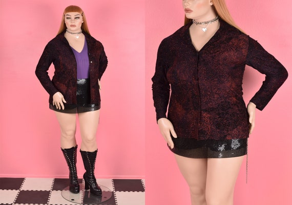 90s Leopard and Floral Lace Flocked Glitter Top/ … - image 1