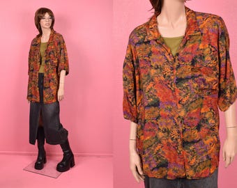 Camisa vintage de los 80 con estampado floral abstracto / Unisex XL-XXL / Años 80 / Manga corta