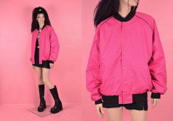80s 90s Pink and Black Bomber Jacket/ XXL/ 1980s/… - image 1
