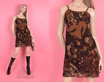 90s 00s Paisley and Floral Print Mesh Dress/ Medium/ Tank/ Sleeveless/ 1990s/ 2000s