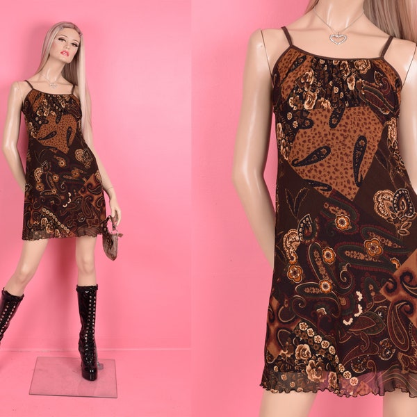 90s 00s Paisley and Floral Print Mesh Dress/ Medium/ Tank/ Sleeveless/ 1990s/ 2000s