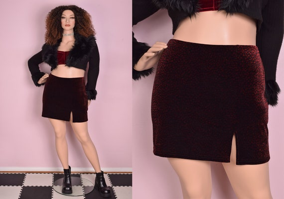 90s Black and Red Animal Print Velvet Skirt/ XL/ 1