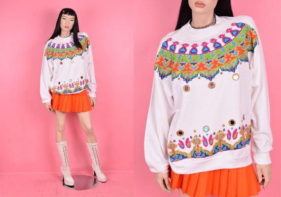 Vintage 90s Colorful Multi Pattern Sweatshirt/ On… - image 1