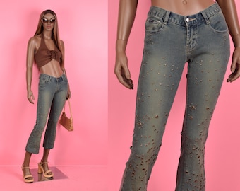 90s 00s Grommet and Studded Low Rise Stretch Jeans/ US 5/ 1990s/ 2000s