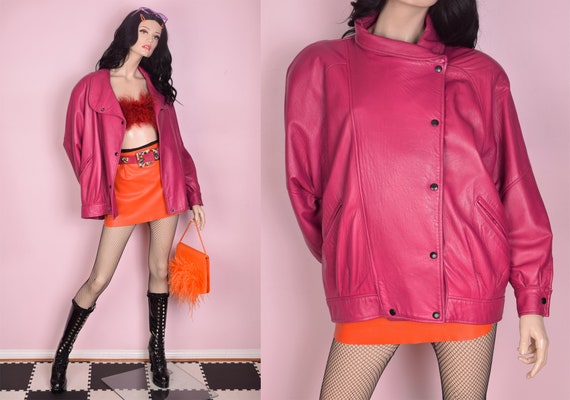 80s Pink Leather Jacket/ Medium/ 1980s
