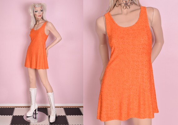 90s Orange Daisy Pattern Mini Dress/ Medium/ 1990s
