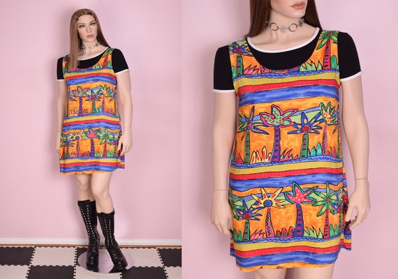 90s Colorful Tropical Print Dress/ Large/ 1990s/ T