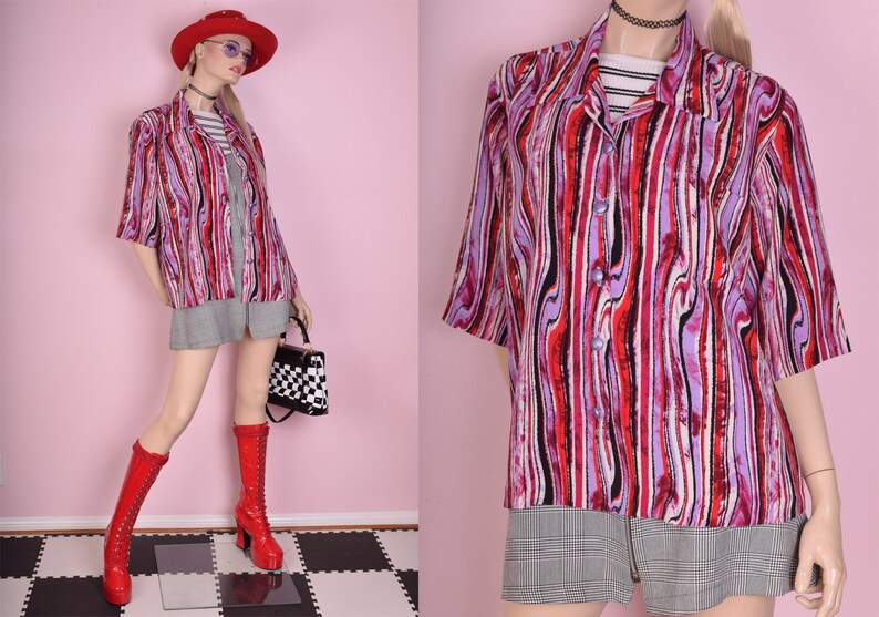 90s Multi Color Striped Blouse XL 1990s Button Down Short Sleeve