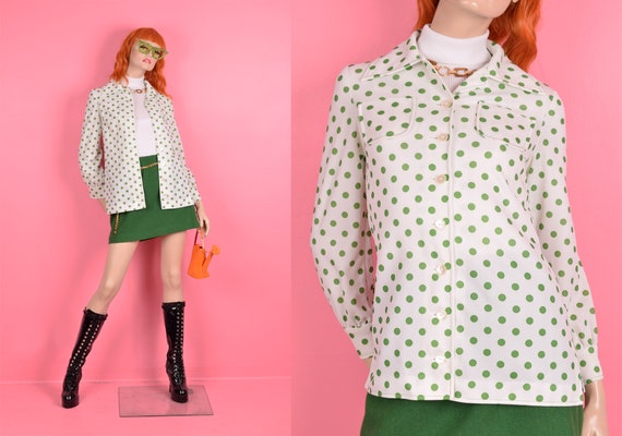 70s Green and White Polka Dot Lightweight Jacket/… - image 1