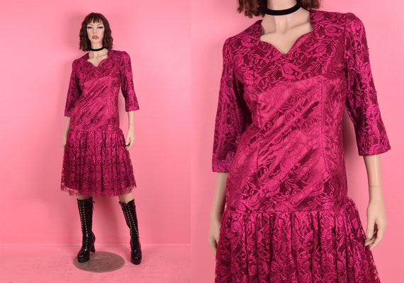 80s Floral Lace Party Dress/ Medium/ 1980s - image 1