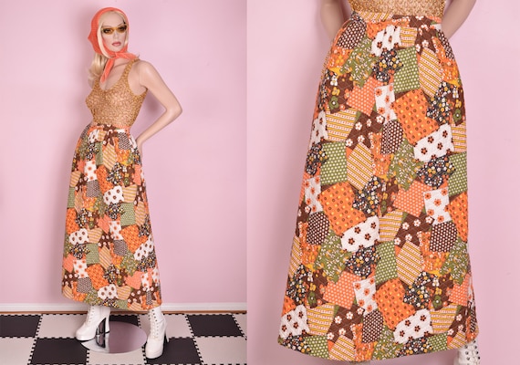 70s Patchwork Print Quilted Skirt/ Small/ 1970s/ M