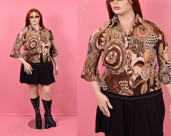 Vintage 00s Multi Pattern Micro Plissee Bluse / Petite XL / 2000er Jahre