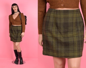 80s Olive Plaid Skirt/ Large/ 1980s