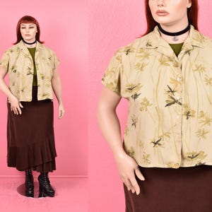 Vintage 90s Floral Print Short Sleeve Top/ XL-XXL/ 1990s/ Button Down