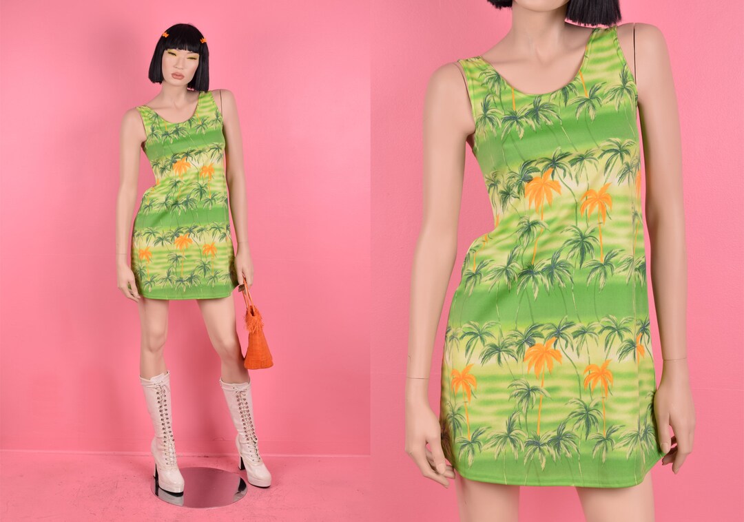 90's Light Green Palm Tree Print Embroidered Midi Dress by Advance Apparel main image 0