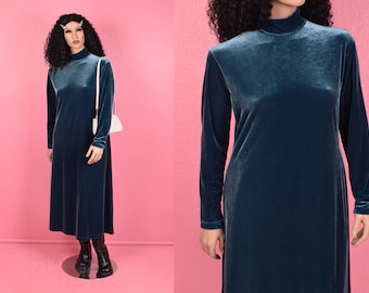 Vintage 90s Blue Velvet Maxi Dress/ Large Petite/ 1990s/ Long Sleeve