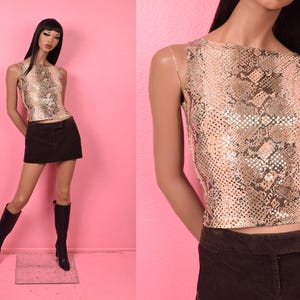 Vintage 90s Snake Print Faux Sequin Top/ Small/ 1990s