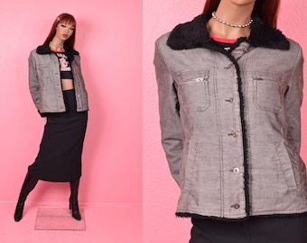 Vintage 00s Shaggy Faux Fur Lined Corduroy Jacket/ Medium/ 2000s
