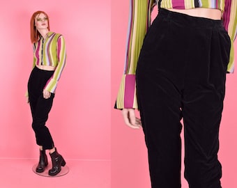 80s Black Velveteen High Rise Pants/ US 9-10/ 26 Waist/ 1980s