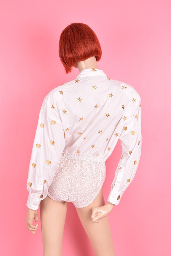 80s 90s Star and Heart Embroidered Bodysuit/ Medi… - image 2