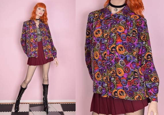 80s Colorful Abstract Print Blouse/ US 10/ 1980s/