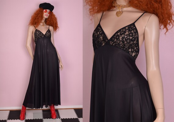70s Black Maxi Slip Dress/ Small/ 1970s