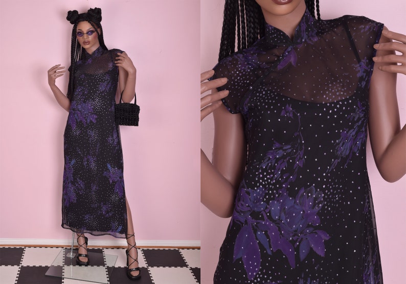 90s Sheer Floral and Glitter Dot Cheongsam US 10