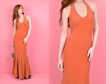 Vintage 90s Burnt Orange Lurex Knit Halter Mermaid Hem Dress/ US 6/ 1990s