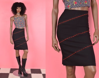 90s Black and Red Lace and Suede Trim Skirt/ Small/ 1990s