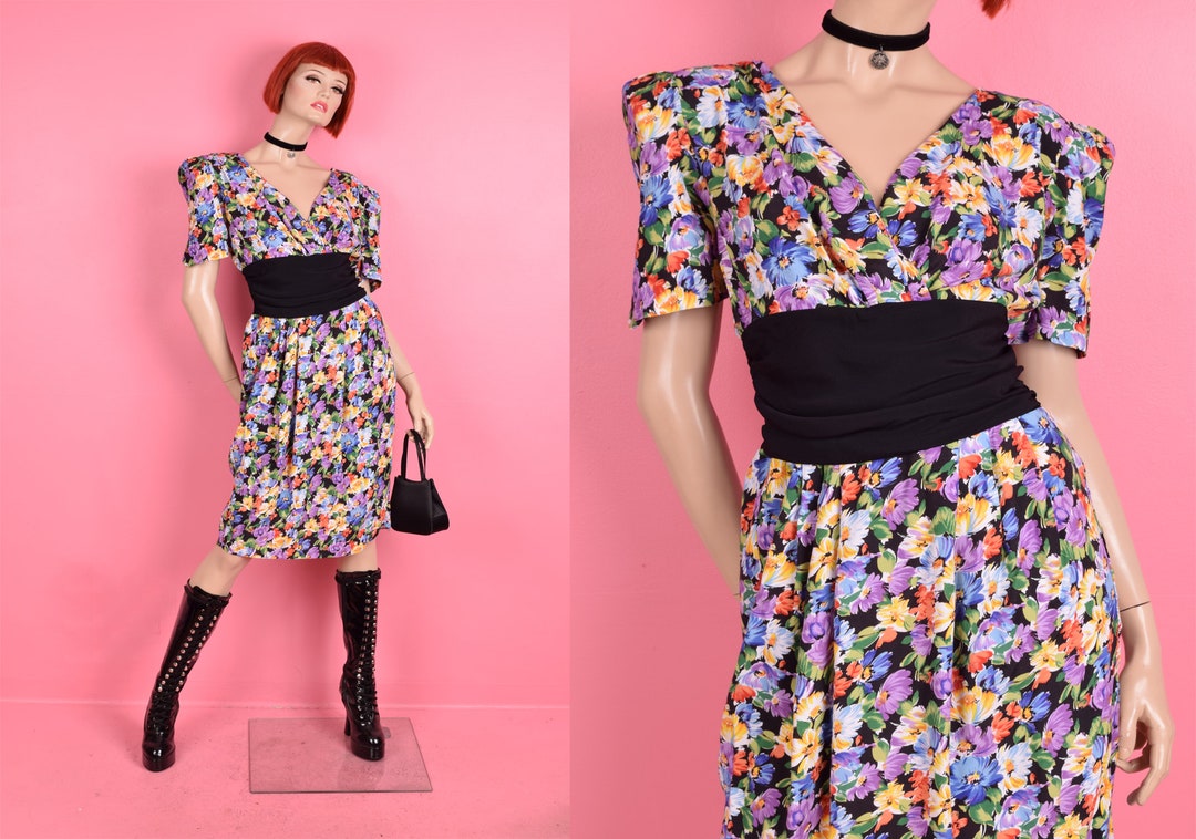 Vintage Francoise de france dress| 80s floral print dress with sweetheart neckline