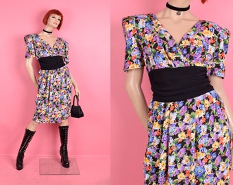 Vintage 80s Floral Print Dress/ US 11-12/ 1980s