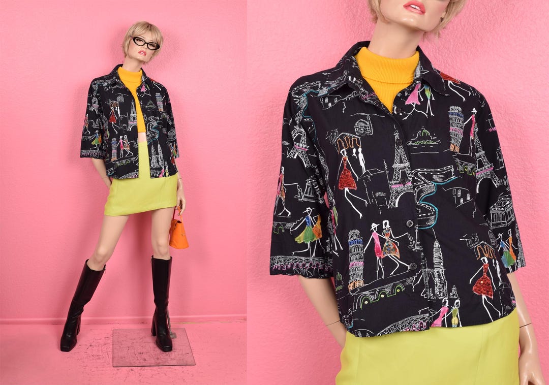 Vintage 00s Fashion Illustration Pattern Embroidered Lightweight Jacket ...