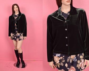 Vintage 90s Green Velvet Lightweight Jacket/ Large/ 1990s