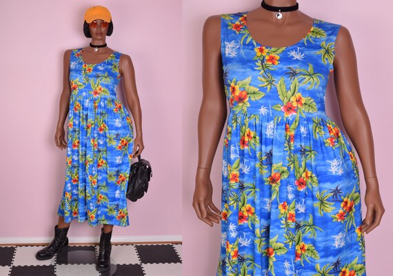 90s Tropical Floral Print Dress/ Large/ 1990s/ Tan