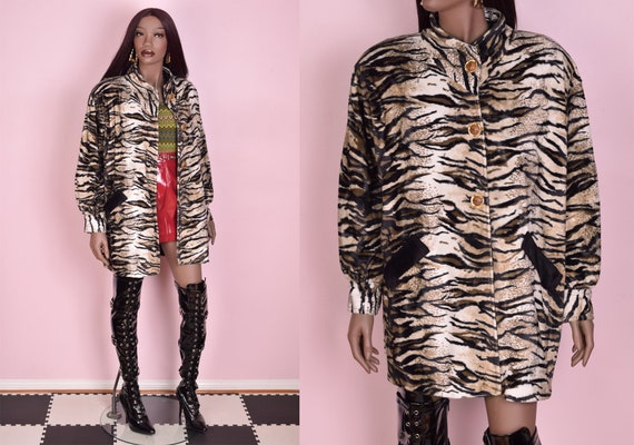 90s Fuzzy Animal Print Coat/ XL/ 1990s/ Jacket