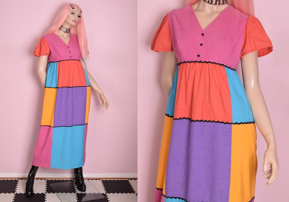 70s Multi Color Patchwork Dress/ Medium/ 1970s