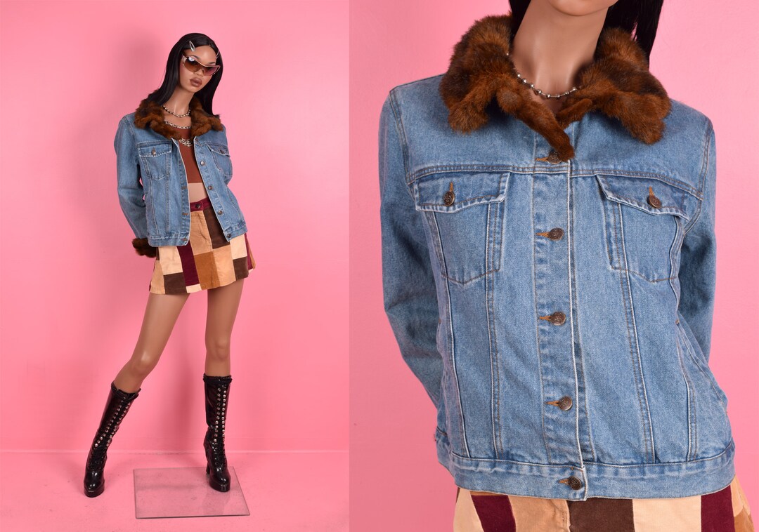 Vintage 00s Faux Fur Trim Denim Jacket/ Medium-large/ 2000s - Etsy