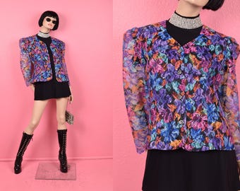 Vintage 80er Jahre Batik Jacke mit floraler Spitze